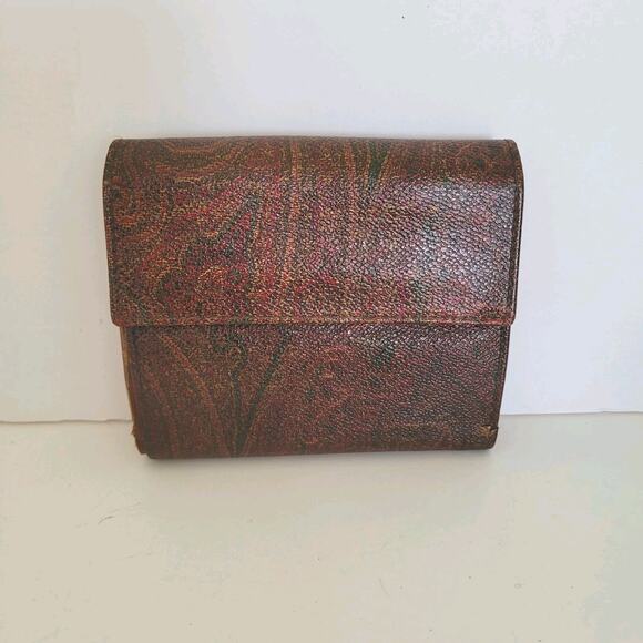Etro Vintage Brown Paisley Medium Leather Wallet Compact Logo Italian Bifold - Picture 1 of 16